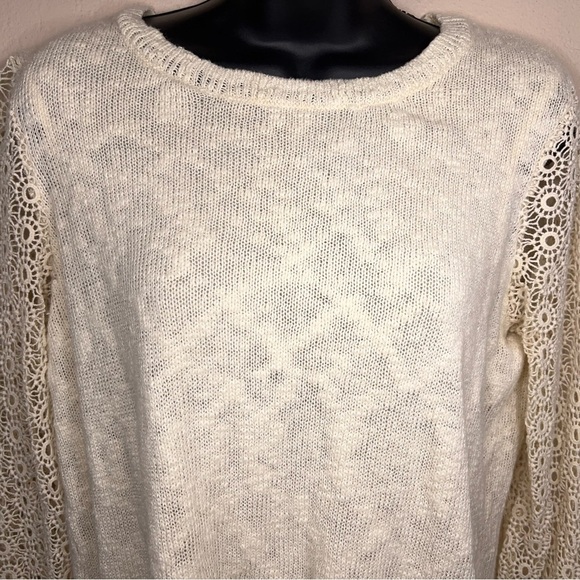 Medium Lucky Brand Ivory Cream Knit Chiffon Top Embroidered Lace  Pullover - Picture 7 of 13